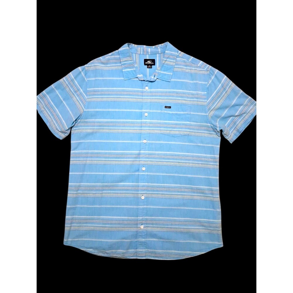 O'Neill Mens XL Blue Striped Short Sleeve Button Up Shirt Surf Skate Casual